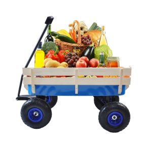 Outdoor Wagon All Terrain Pulling w/Wood Railing Air Tires Childre - Blue